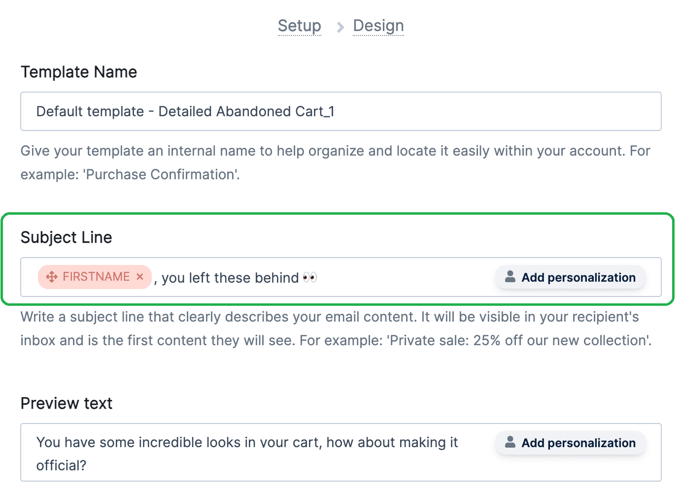 the step where personalization is added to the email subject line in the process of setting up an abandoned cart email