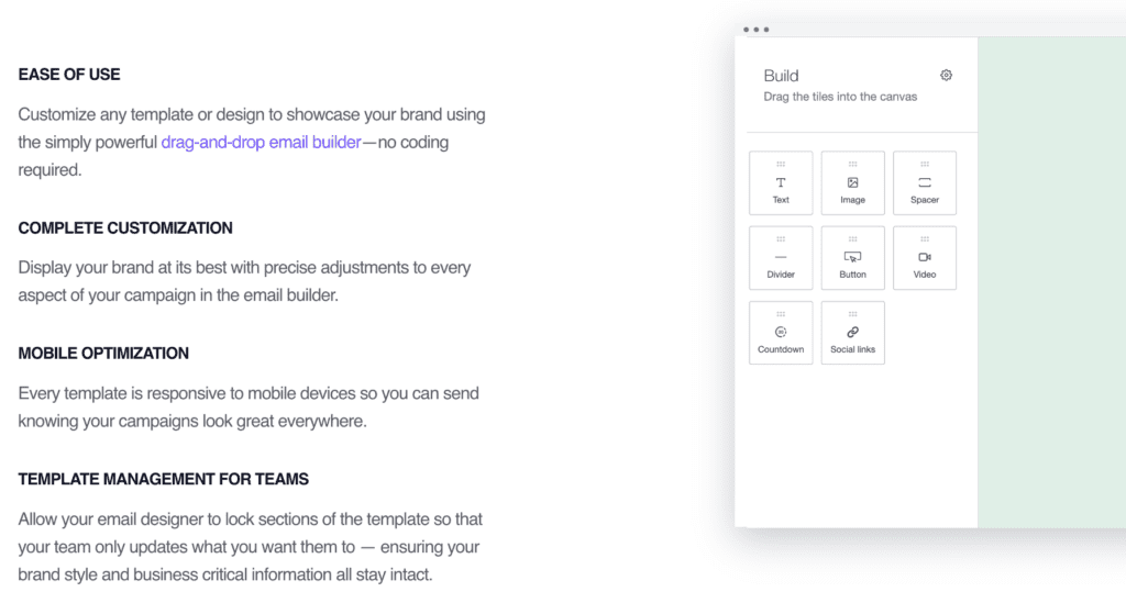 Competitor to Mailchimp, Campaign Monitor. This shows email builder template on a green background. 