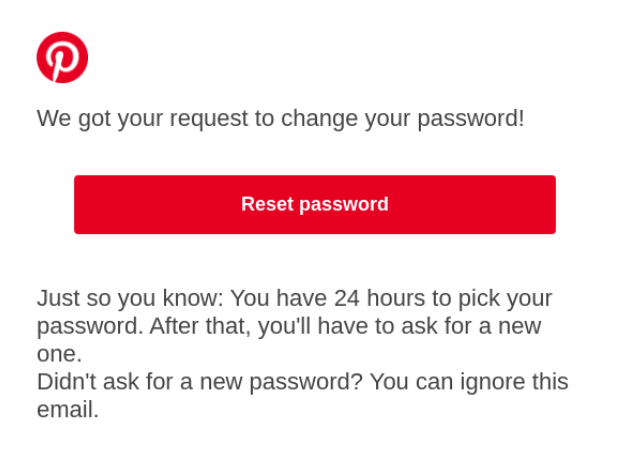 SaaS email marketing example: password reset email by Pinterest