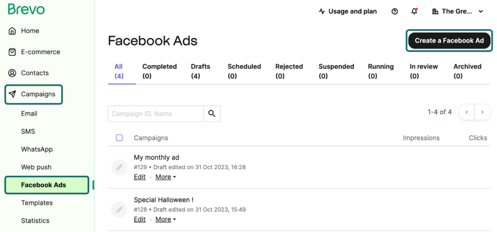 Managing Facebook ads in Brevo
