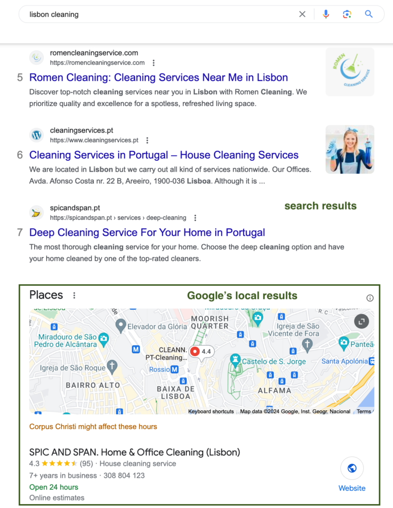 Example of a Google SERP for a home services business