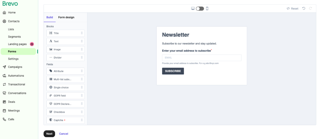 Newsletter signup form in Brevo