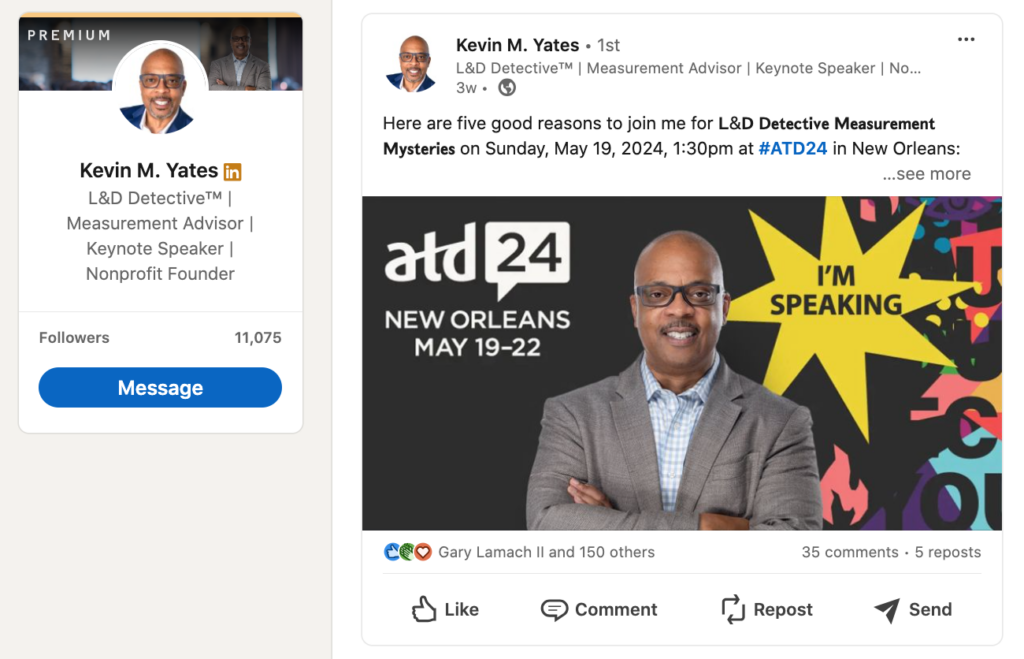 LinkedIn post by Kevin M. Yates, a L&D thought leader