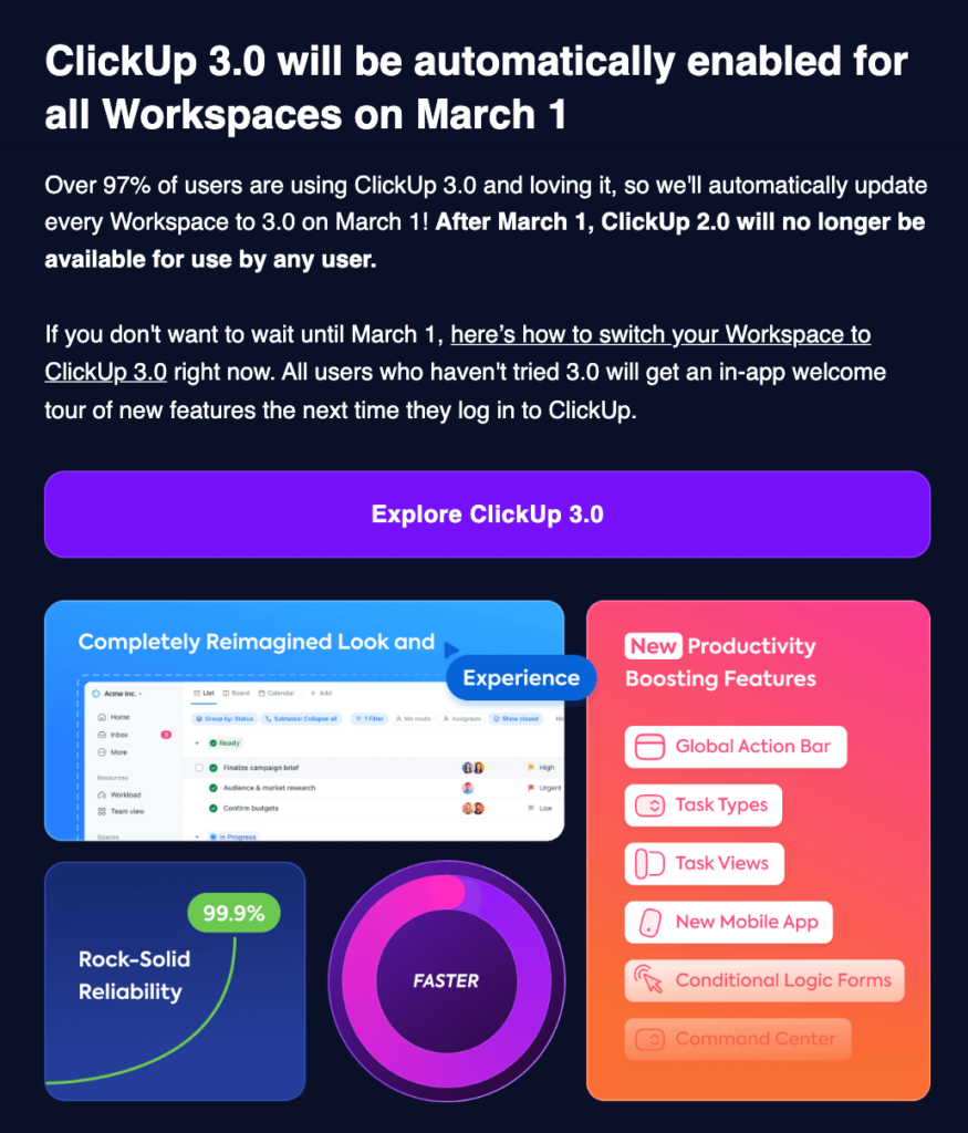 SaaS email marketing example: product note by ClickUp