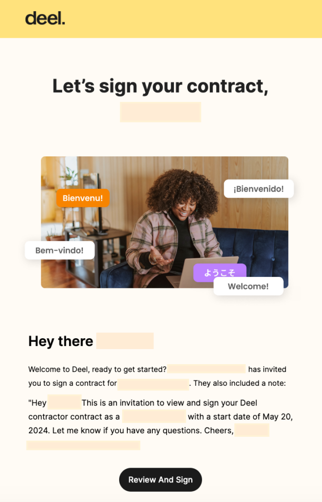 SaaS email marketing example: action required email by Deel