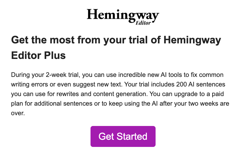 SaaS email marketing example: welcome email by Hemingway