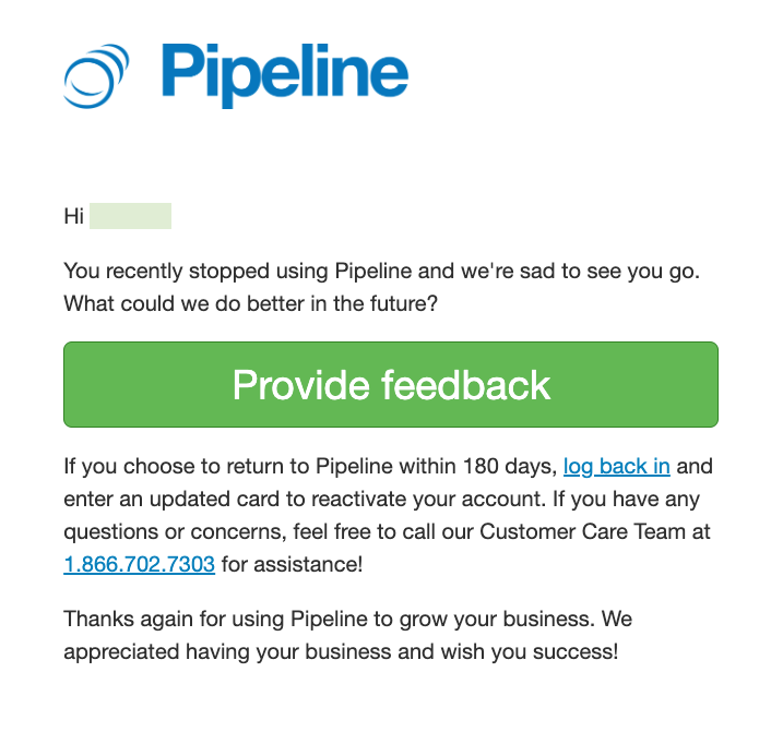 SaaS email marketing example: winback email by Pipeline