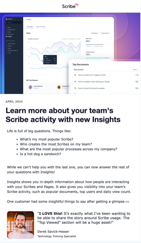 SaaS email emarketing example: product update by Scribe