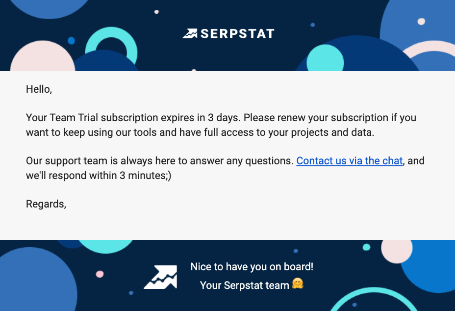 SaaS email marketing example: subscription renewal by Serpstat