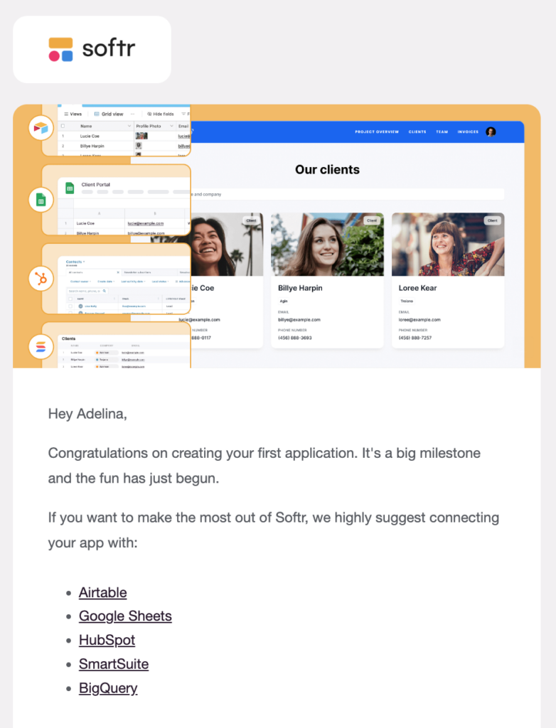 SaaS email marketing example: onboarding email by Softr