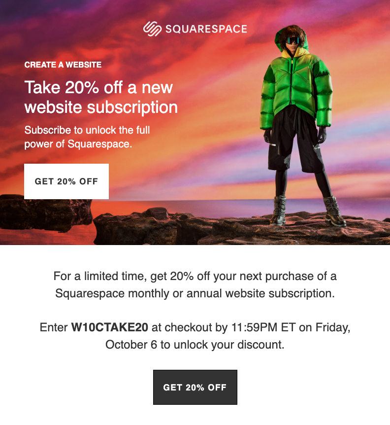 SaaS email marketing example: discount email by Squarespace