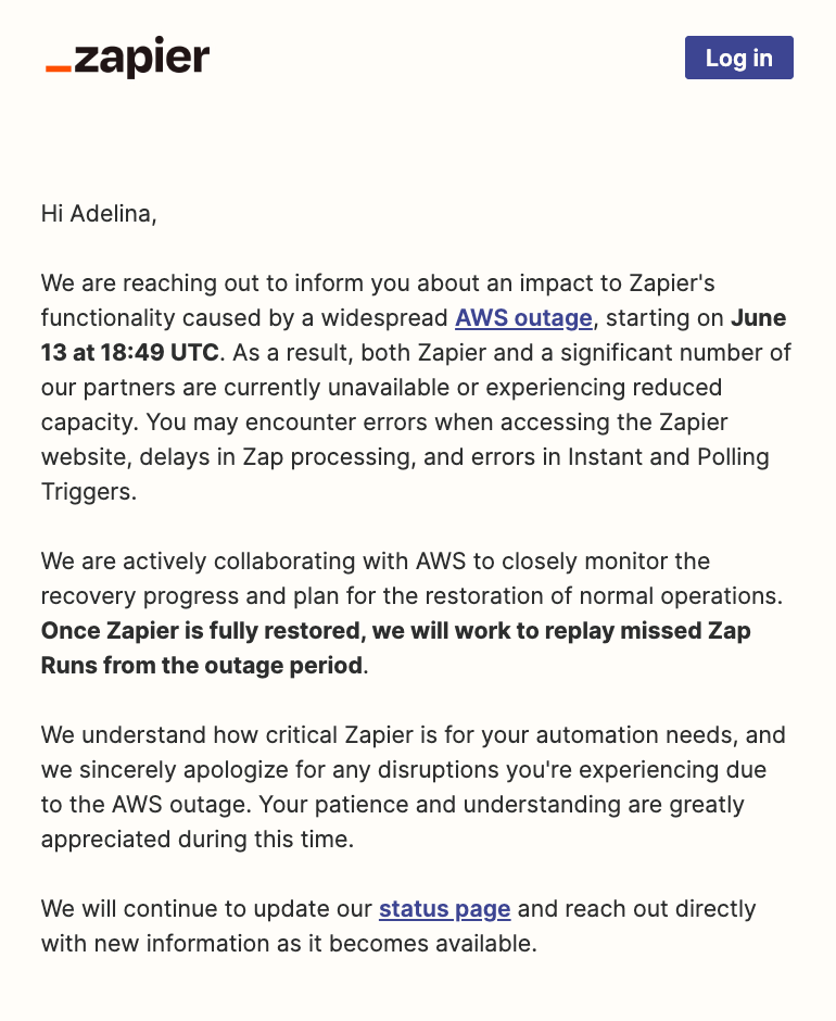 SaaS email marketing example: technical problem communication by Zapier